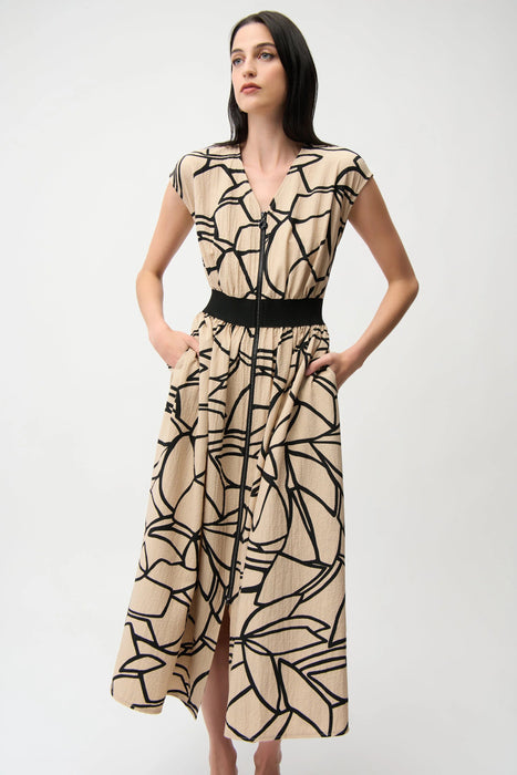 Joseph Ribkoff Beige/Black Abstract Zip Front Flared Dress 261163