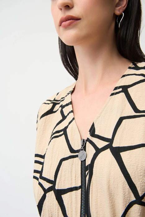Joseph Ribkoff Beige/Black Abstract Zip Front Flared Dress 261163