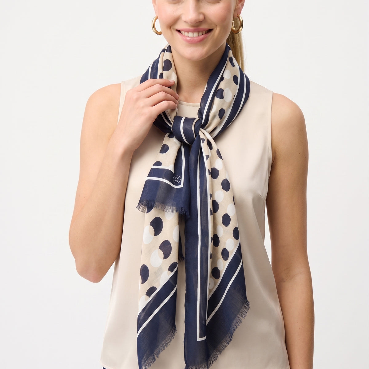 Buy Joseph Ribkoff Beige/Blue Polka Dots Fringe Scarf 261986