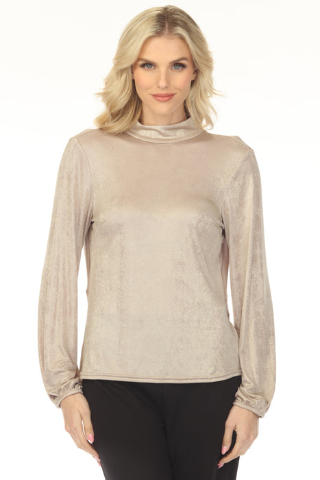 Woman wearing a metallic beige long-sleeve top with a mock neck from Joseph Ribkoff