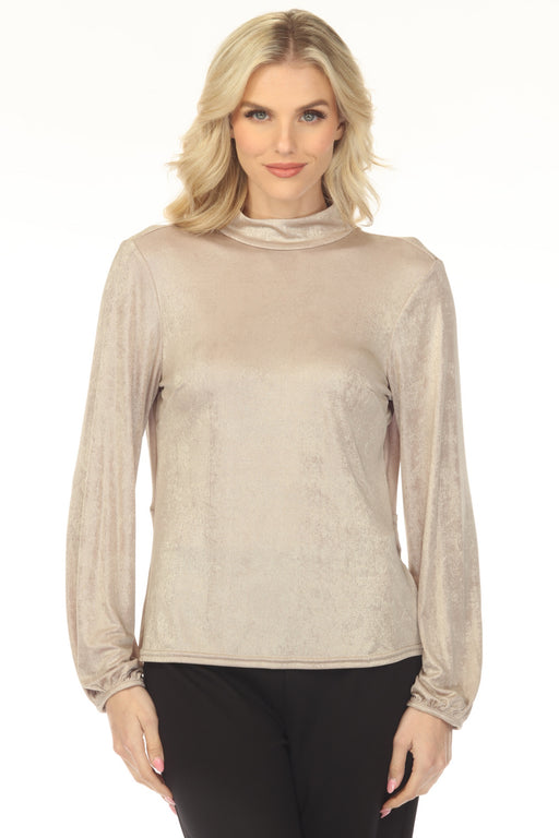 Woman wearing a metallic beige long-sleeve top with a mock neck from Joseph Ribkoff