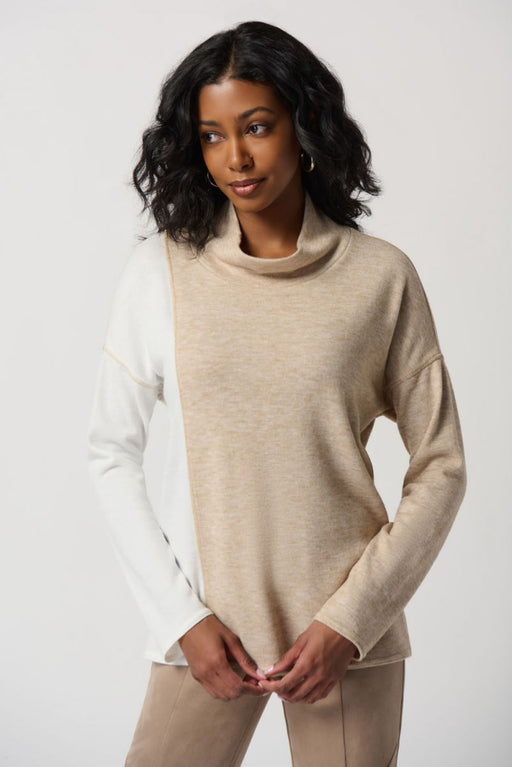 Joseph Ribkoff Style 234181 Beige/Ivory Color Block Cowl Neck Sweater Top