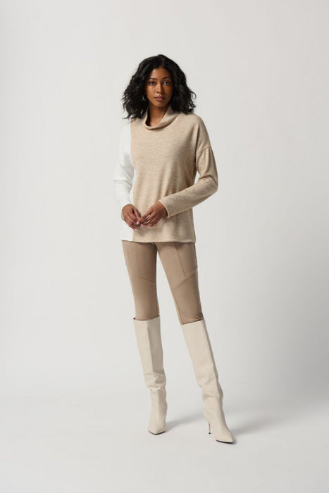 Joseph Ribkoff Beige/Ivory Color Block Cowl Neck Sweater Top 234181