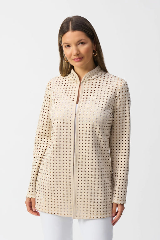 Joseph Ribkoff Style 251103 Beige/Gold Laser Cutout Suede Cover-Up Jacket