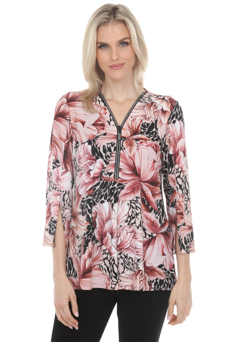 Woman wearing a floral printed 3/4 sleeve top with rhinestone-embellished zip v-neck from Joseph Ribkoff