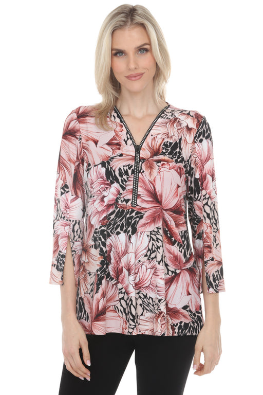 Woman wearing a floral printed 3/4 sleeve top with rhinestone-embellished zip v-neck from Joseph Ribkoff
