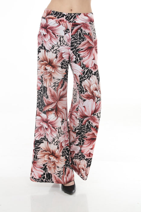 Woman wearing a floral printed wide leg pants with elastic waistband from Joseph Ribkoff
