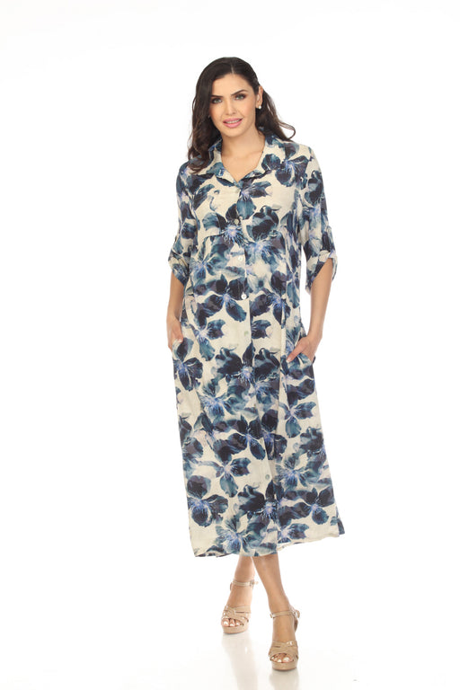 Joseph Ribkoff Style 232238 Beige/Multi Floral Print Button-Down 3/4 Sleeves Midi Shirt Dress
