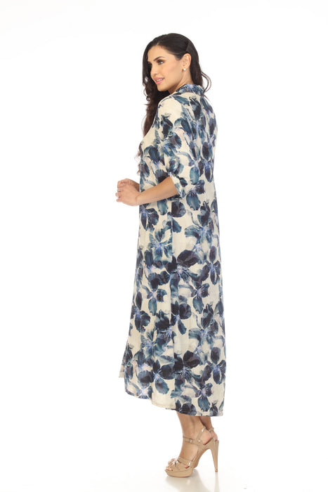 Joseph Ribkoff Beige/Multi Floral Print Button-Down 3/4 Sleeves Midi Shirt Dress 232238