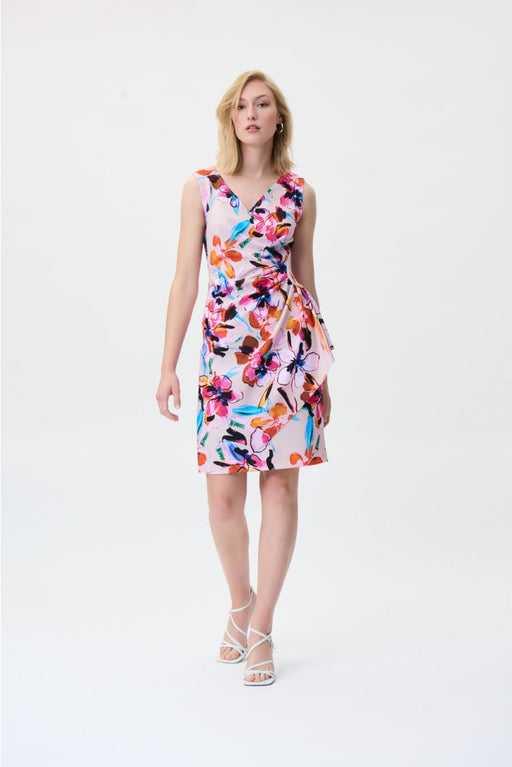 Joseph Ribkoff Style 231172 Beige/Multi Floral Print Ruched Sleeveless Sheath Dress