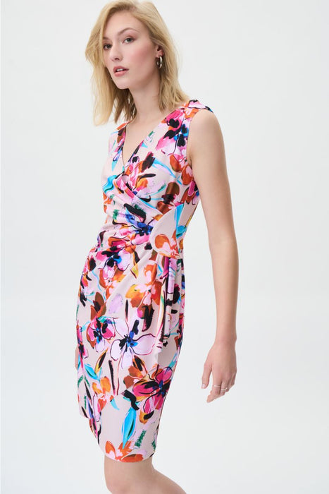Joseph Ribkoff Beige/Multi Floral Print Ruched Sleeveless Sheath Dress 231172