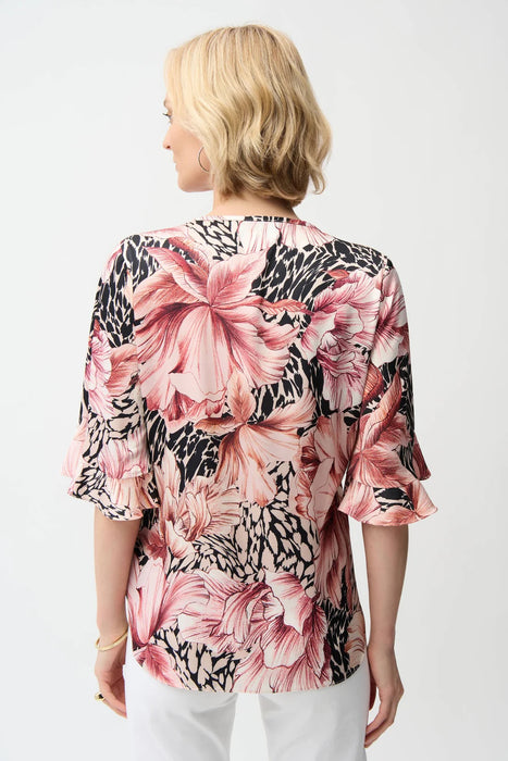 Joseph Ribkoff Beige/Multi Satin Floral Ruffle Sleeve Top 261068