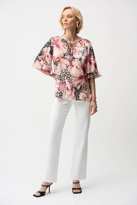 Joseph Ribkoff Beige/Multi Satin Floral Ruffle Sleeve Top 261068