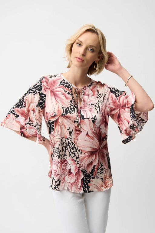 Joseph Ribkoff 261068 Beige/Multi FloralCollared Flared 3/4 Sleeve Top