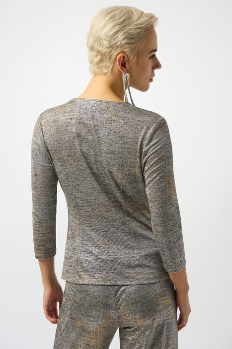 Joseph Ribkoff Beige/Multi Foiled Knit Faux Wrap Top 253087