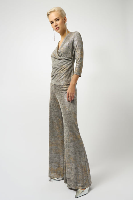 Joseph Ribkoff Beige/Multi Foiled Knit Faux Wrap Top 253087