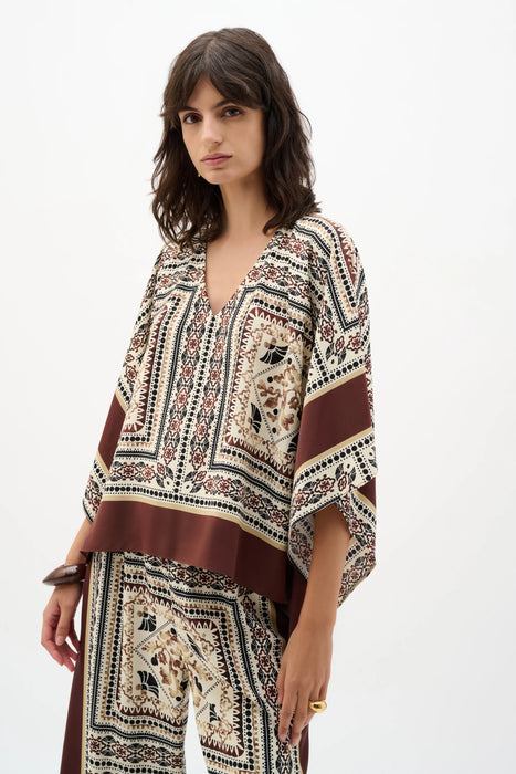 Joseph Ribkoff Beige/Multi Scarf Print V-Neck Poncho Top 262260