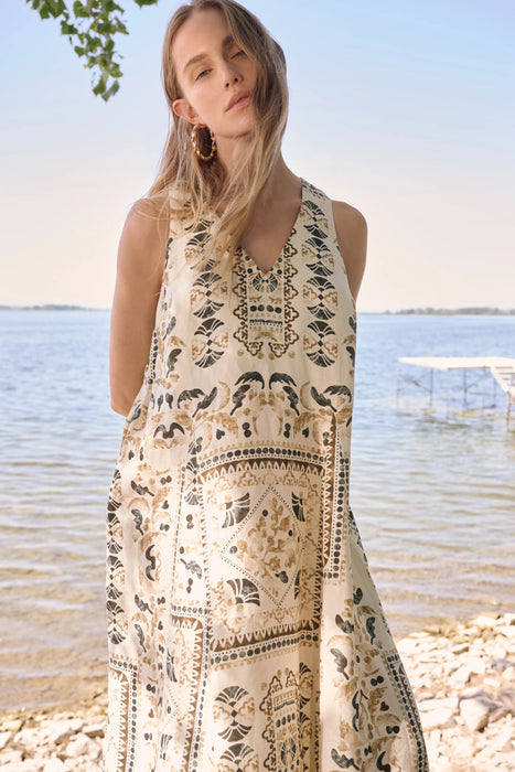 Joseph Ribkoff Beige/Multi Linen Scarf Print Maxi A-Line Dress 262908