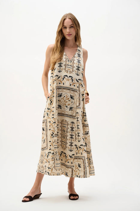 Joseph Ribkoff Beige/Multi Linen Scarf Print Maxi A-Line Dress 262908