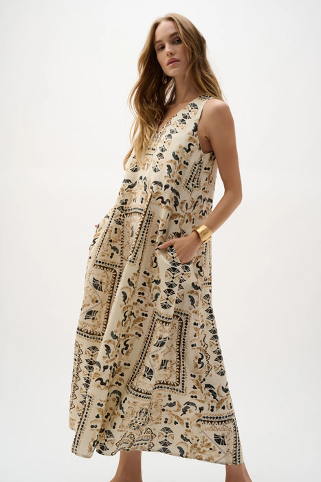 Joseph Ribkoff Beige/Multi Linen Scarf Print Maxi A-Line Dress 262908