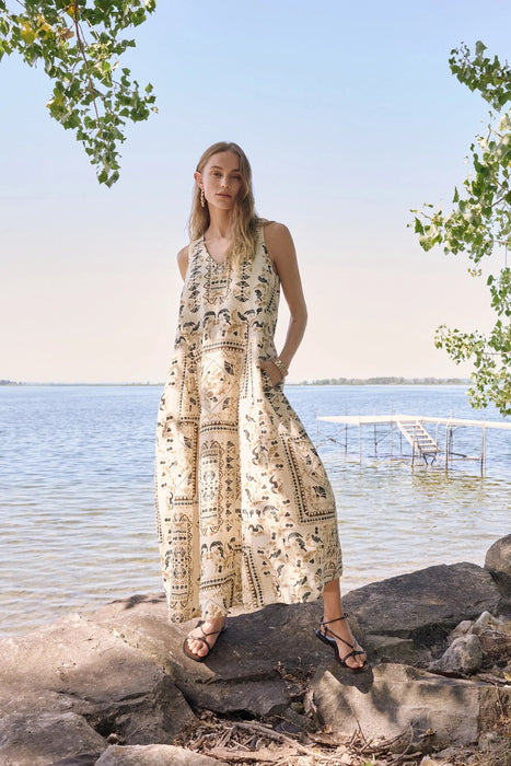 Joseph Ribkoff Beige/Multi Linen Scarf Print Maxi A-Line Dress 262908