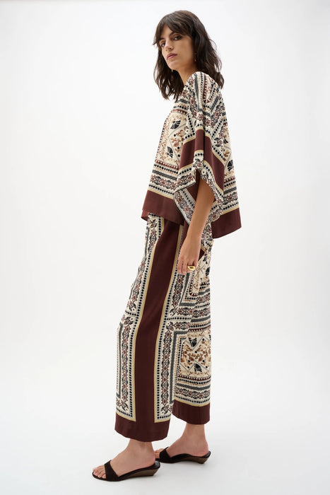 Joseph Ribkoff Beige/Multi Scarf Print Crop Wide-Leg Pants 262261