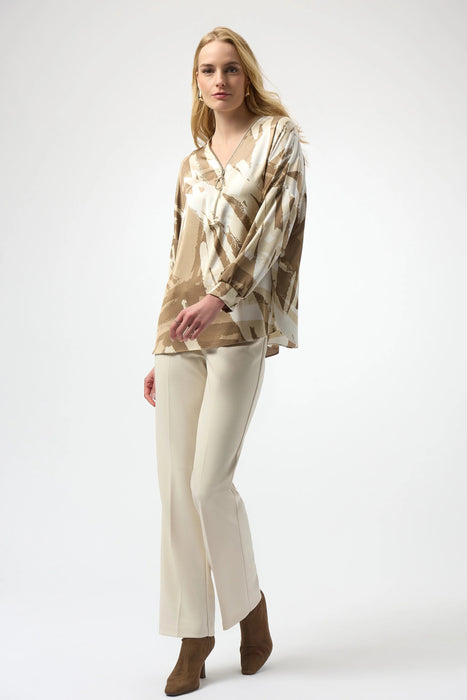 Joseph Ribkoff Beige/Off-White Abstract Zip V-Neck Satin Top 254193