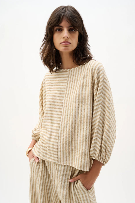Joseph Ribkoff Beige/Off-White Striped Puff Sleeves Boxy Top 262097