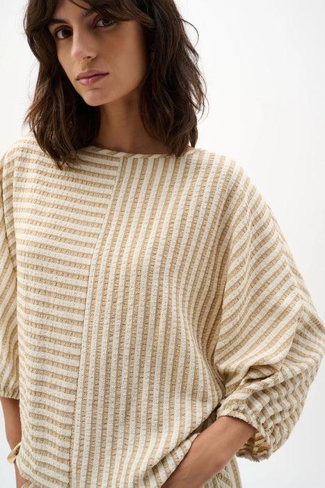 Joseph Ribkoff Beige/Off-White Striped Puff Sleeves Boxy Top 262097