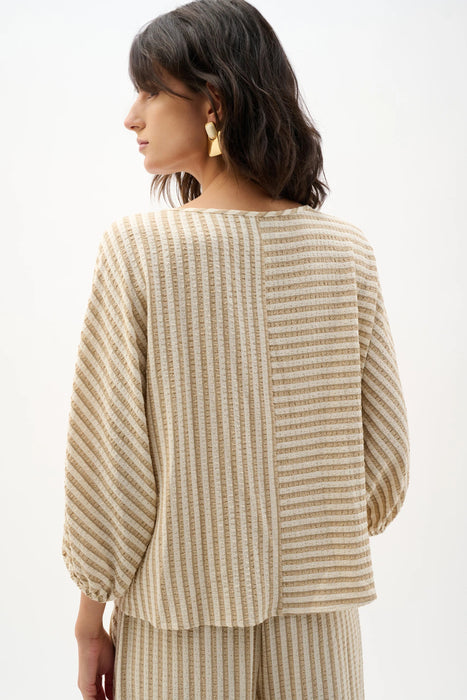 Joseph Ribkoff Beige/Off-White Striped Puff Sleeves Boxy Top 262097
