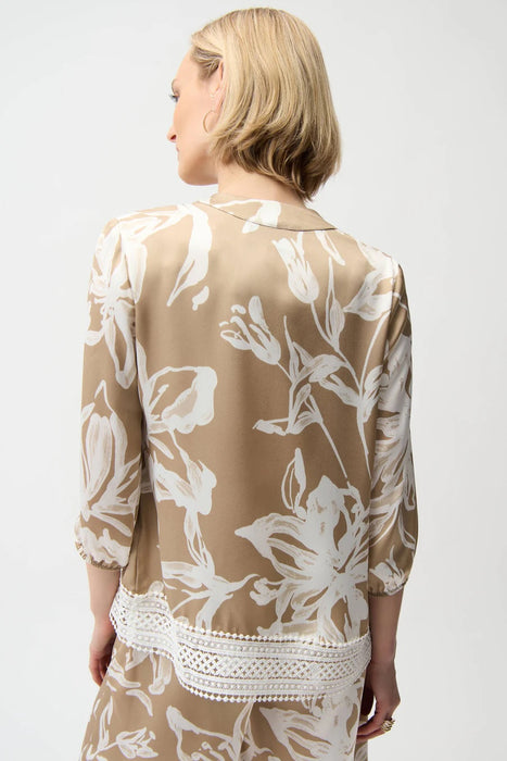 Joseph Ribkoff Beige/Vanilla Satin Floral 3/4 Sleeve Lace Hem Top 261031