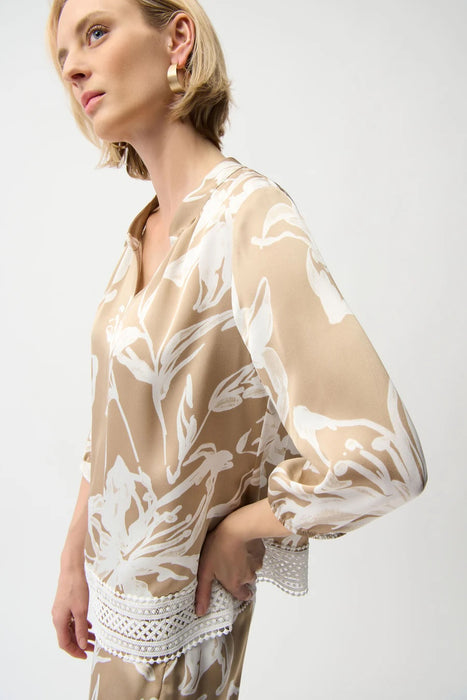 Joseph Ribkoff Beige/Vanilla Satin Floral 3/4 Sleeve Lace Hem Top 261031