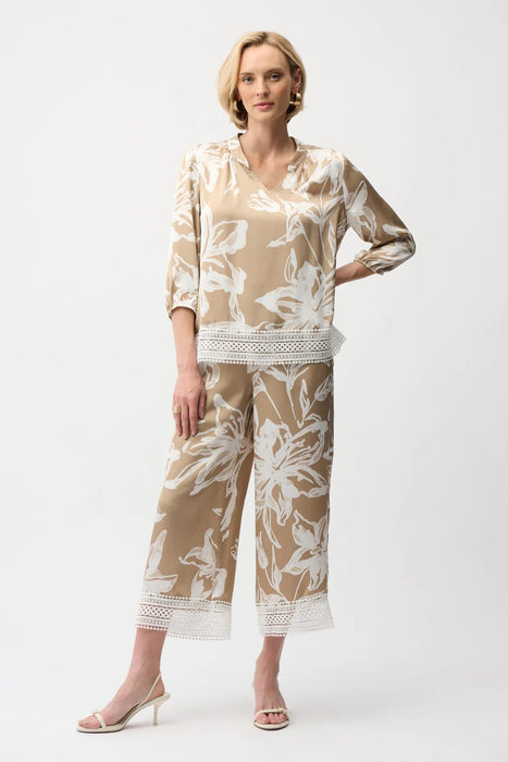Joseph Ribkoff Beige/Vanilla Satin Floral 3/4 Sleeve Lace Hem Top 261031