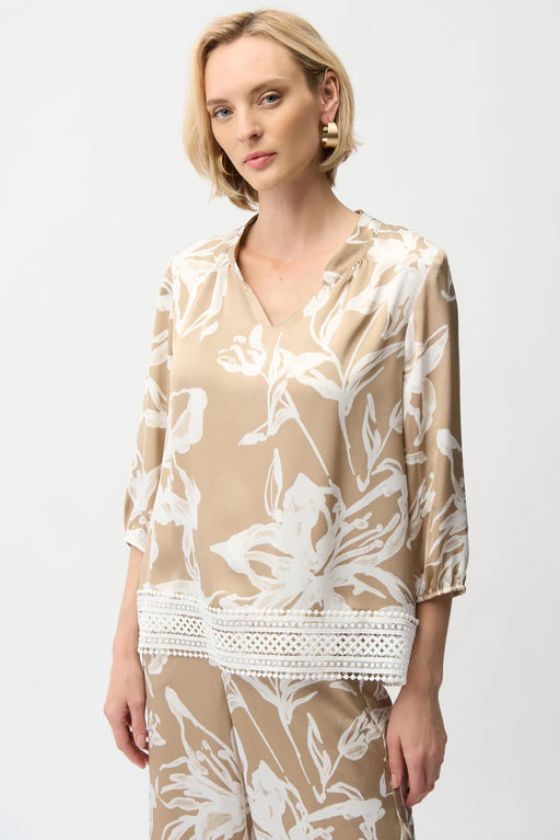 Joseph Ribkoff 261031 Beige/Vanilla Floral Print V-Neck Mandarin Collar 3/4 Sleeves Top