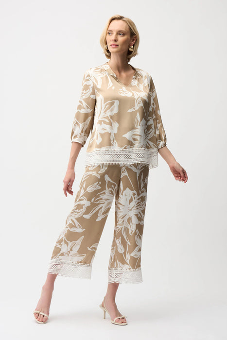 Joseph Ribkoff Beige/Vanilla Satin Floral Lace Hem Culotte Pants 261023