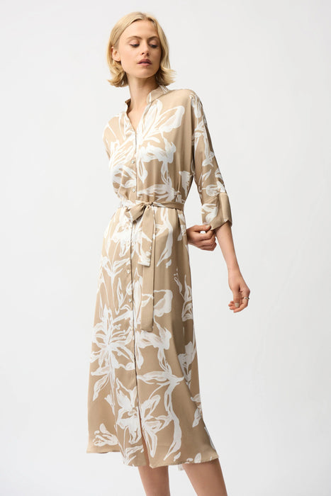 Joseph Ribkoff Beige/Vanilla Satin Floral Midi Shirt Dress 261296