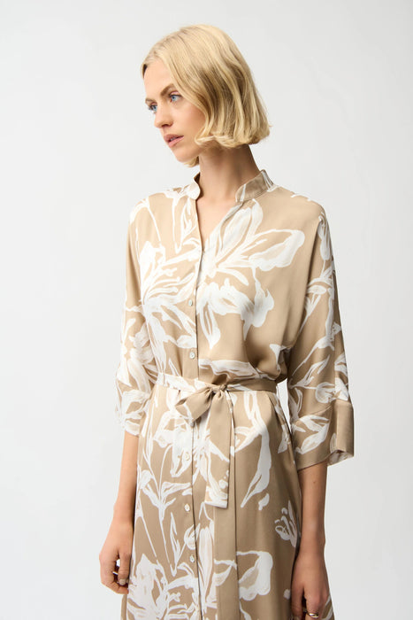 Joseph Ribkoff Beige/Vanilla Satin Floral Midi Shirt Dress 261296