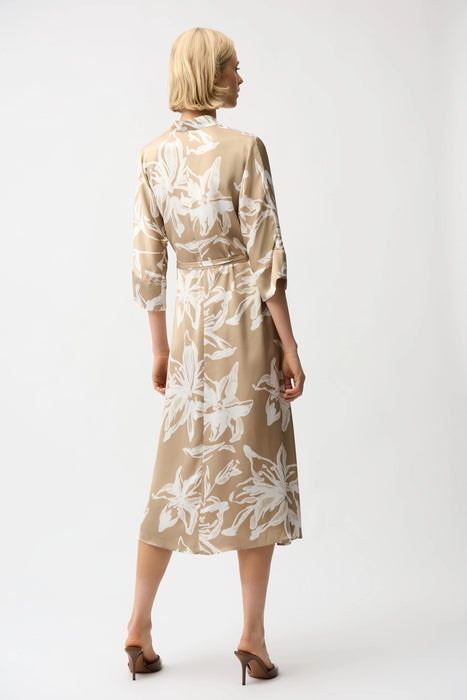 Joseph Ribkoff Beige/Vanilla Satin Floral Midi Shirt Dress 261296