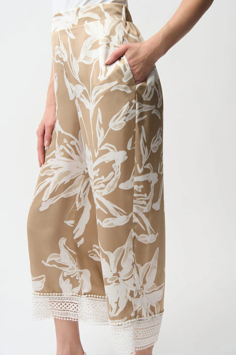 Joseph Ribkoff Beige/Vanilla Satin Floral Lace Hem Culotte Pants 261023