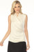 Woman wearing a sleeveless cream top with a draped wrap neck design from Joseph Ribkoff