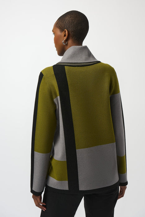 Joseph Ribkoff Black/Artichoke/Grey Color Block Cowl Neck Sweater Top 253911