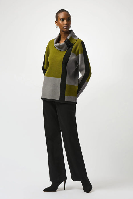Joseph Ribkoff Black/Artichoke/Grey Color Block Cowl Neck Sweater Top 253911