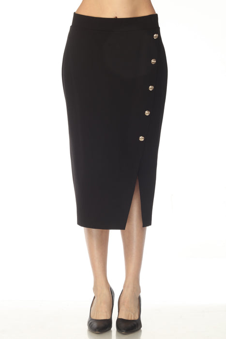 Woman wearing a black midi pencil skirt with button accents and asymmetric side slit from Joseph Ribkoff