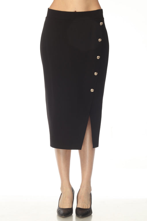 Woman wearing a black midi pencil skirt with button accents and asymmetric side slit from Joseph Ribkoff