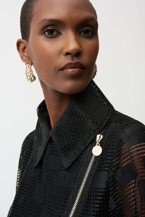 Joseph Ribkoff Black Geometric Mesh Moto Jacket 261074