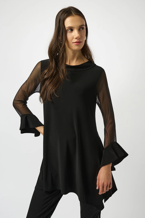 Joseph Ribkoff 253057 Black Asymmetrical Mesh 3/4 Sleeves Tunic Top