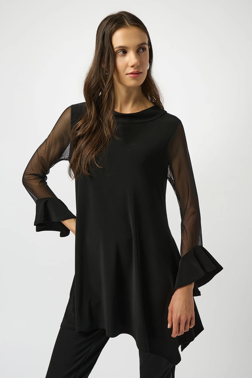 Joseph Ribkoff 253057 Black Asymmetrical Mesh 3/4 Sleeves Tunic Top