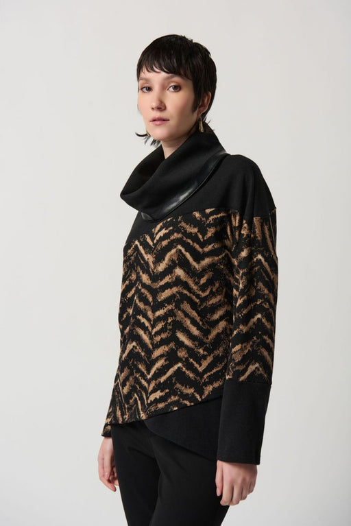 Joseph Ribkoff Style 234209 Black/Beige Chevron Faux Leather Trim Sweater Top