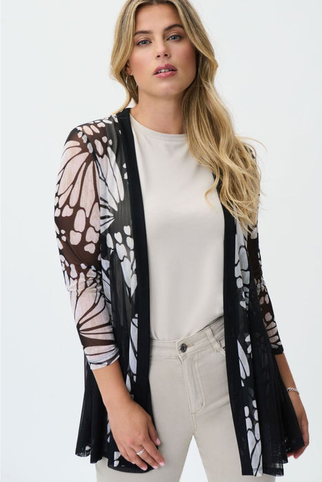 Joseph Ribkoff Style 231221 Black/Beige/Cream Butterfly Print Open Front Cover-Up Jacket