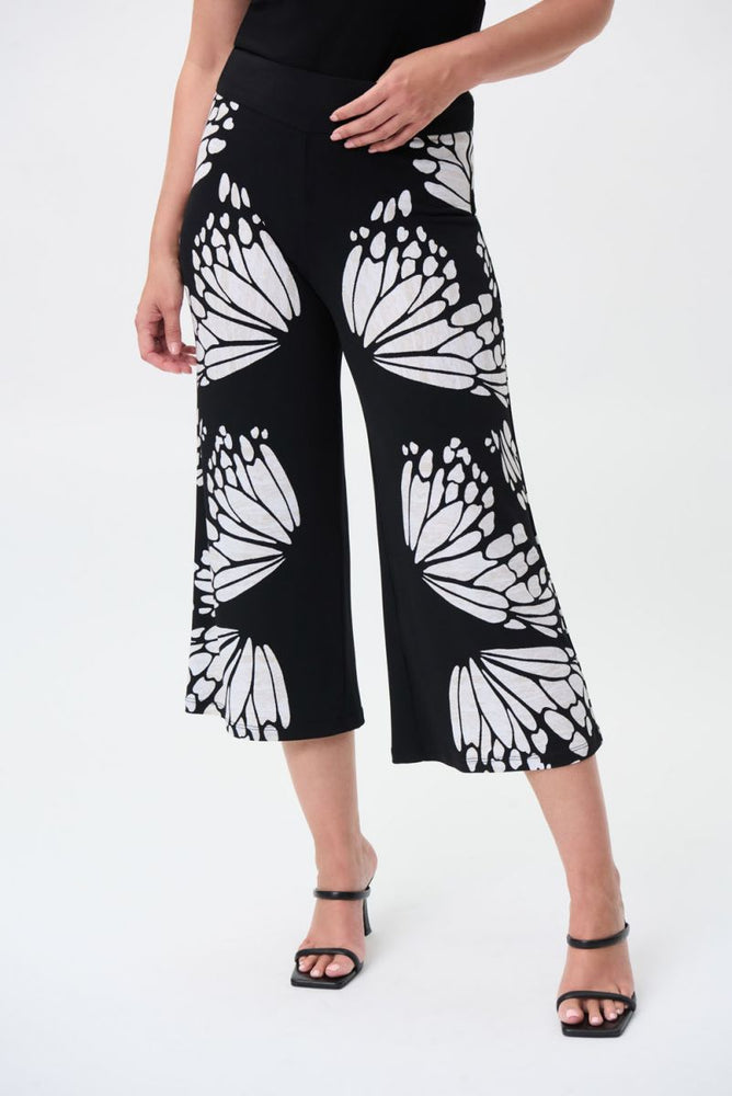 Joseph Ribkoff Style 231296 Black/Beige/Cream Butterfly Print Pull On Cropped Pants